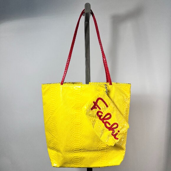 CARLOS FALCHI Fatto a Mano Snake Faux Leather Tote &Pouch Yellow/Red Handles NWT - Picture 1 of 4